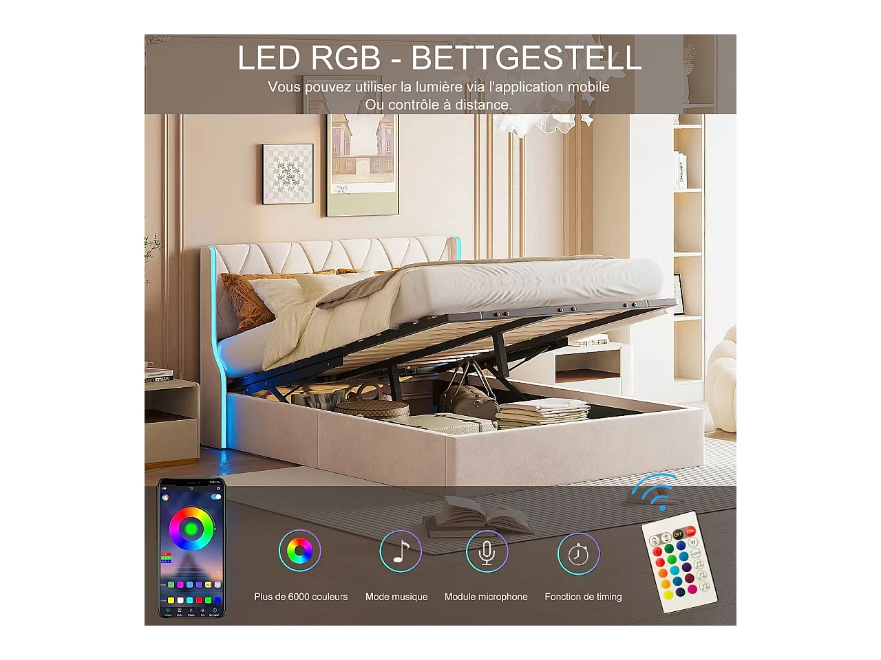Cama de arrumação 160x200 cm com base, com LED, estrado de ripas, Veludo, Bege