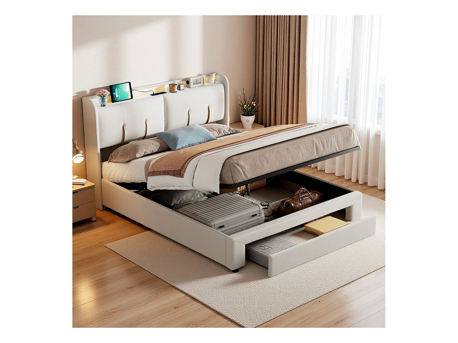 Cama Canapé 160x200 cm con LED y USB, Cama Matrimonial Tapizada con Cajones, Terciopelo, Beige