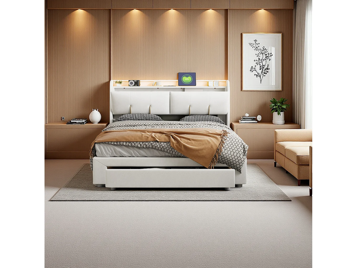 Lit Coffre 160x200 cm avec LED et USB, Lit Double Rembourré avec Tiroirs, Velours, Beige