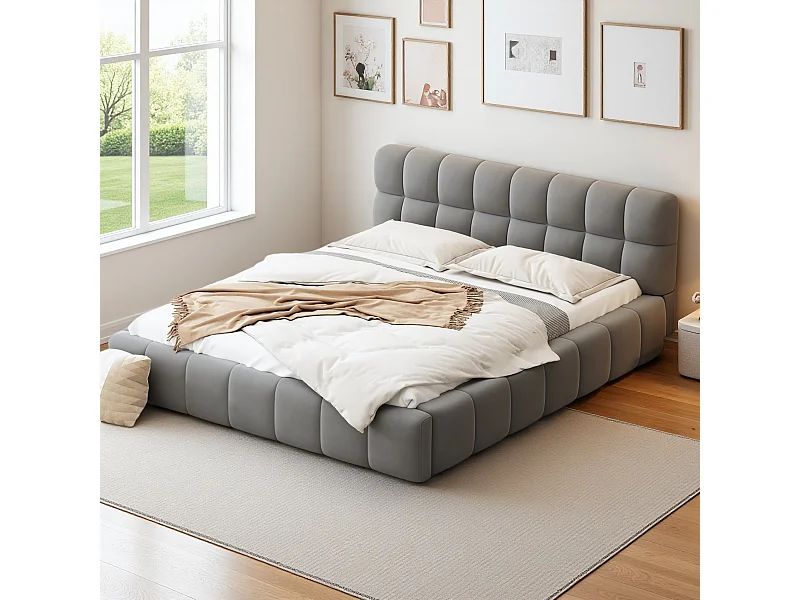 Cama Bubble de 160 x 200 cm con somier y respaldo, tapizada, color lino, gris