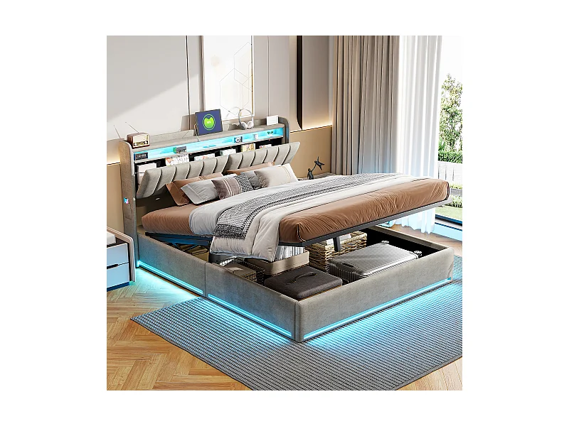 Lit Coffre 140x200 avec Sommier, Lit Capitonné Double Lits Adulte avec Rangement avec Sommier, Gris