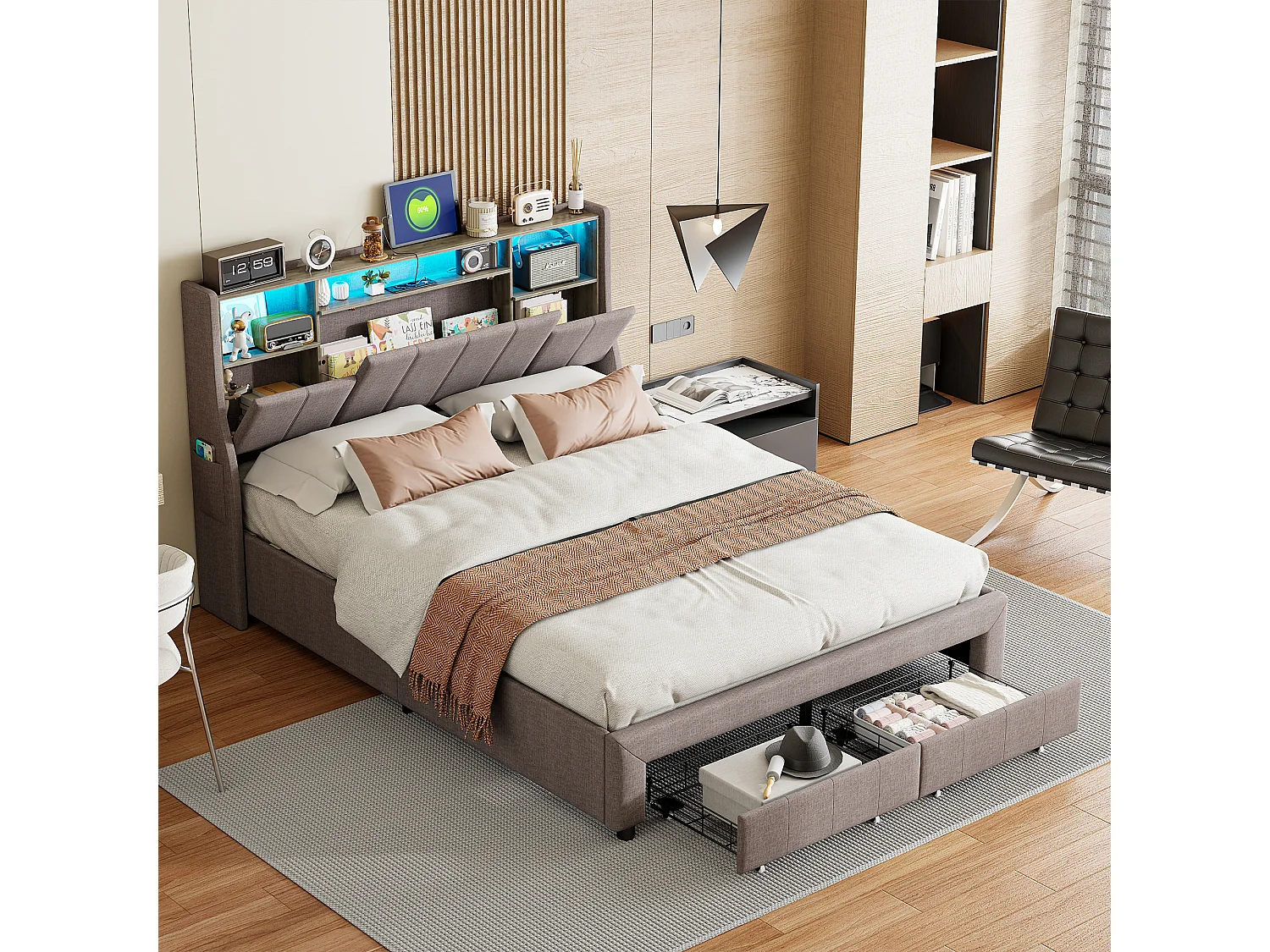 Gestoffeerd tweepersoonsbed, 160 x 200 cm, LED, met opbergvak, met lattenbodem, Grijs