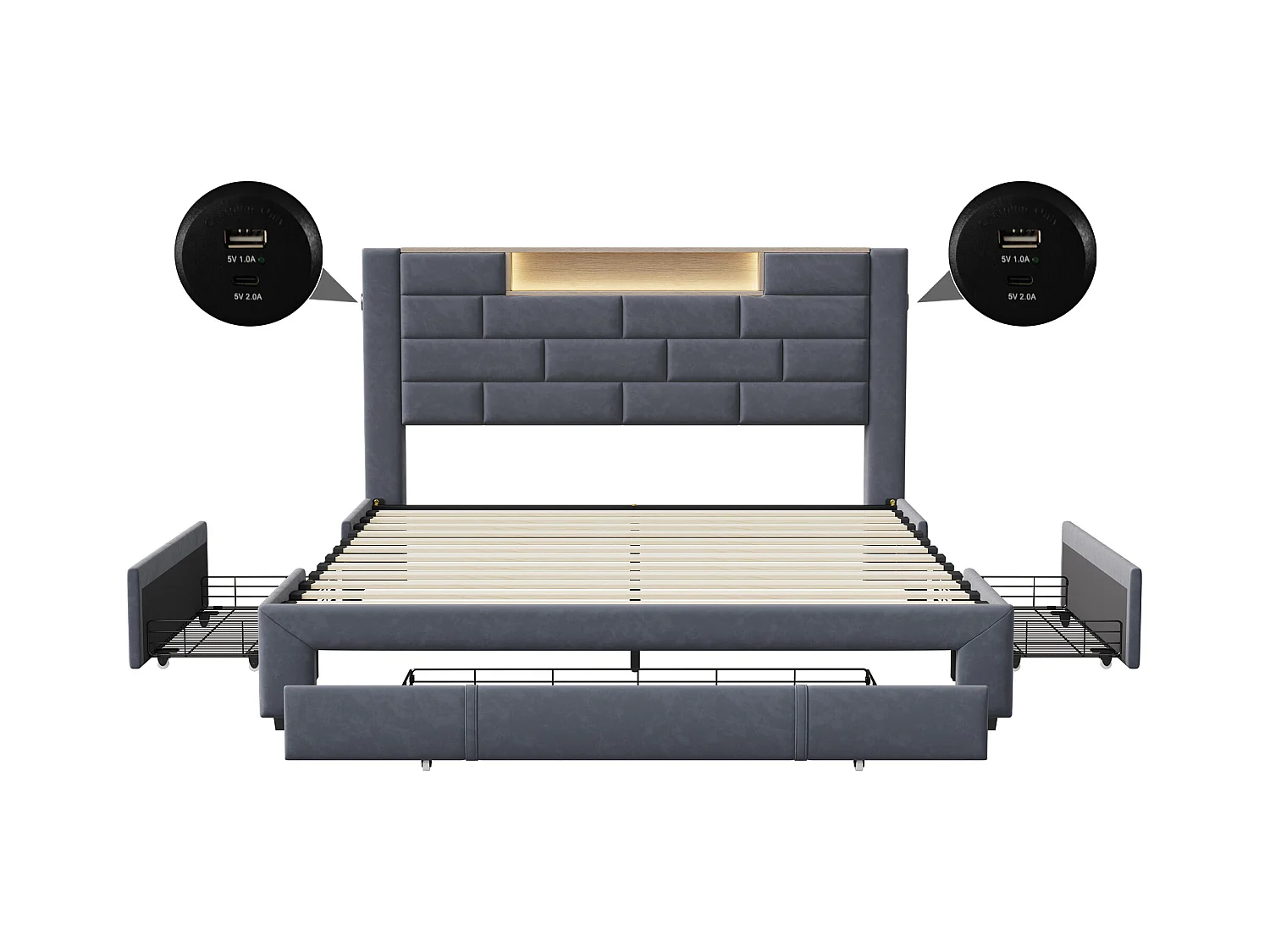 Cama de casal estofada 140x200 cm, cama com arrumação e 3 gavetas, com USB e LED, veludo, cinza