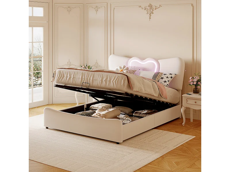 Cama com armazenamento em veludo bege 160x200 cm com cabeceira LED em formato de coração e porta USB