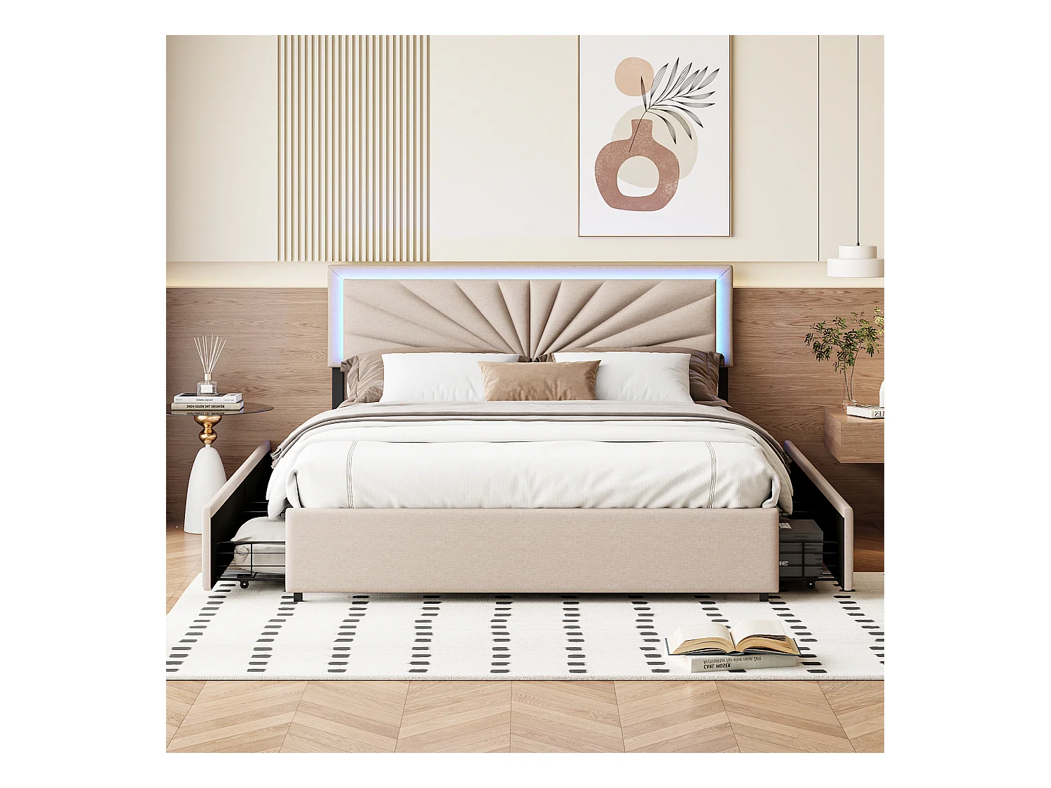 Cama de casal 160x200cm estofada com base, 4 gavetas de armazenamento, cabeceira com iluminação LED, bege