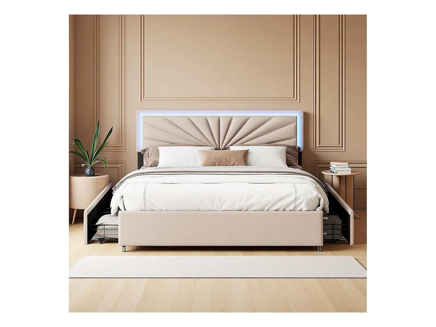 Lit Double 160x200cm Capitonné avec Sommier, 4 Tiroirs de Rangement, Tête de Lit Éclairage LED,Beige