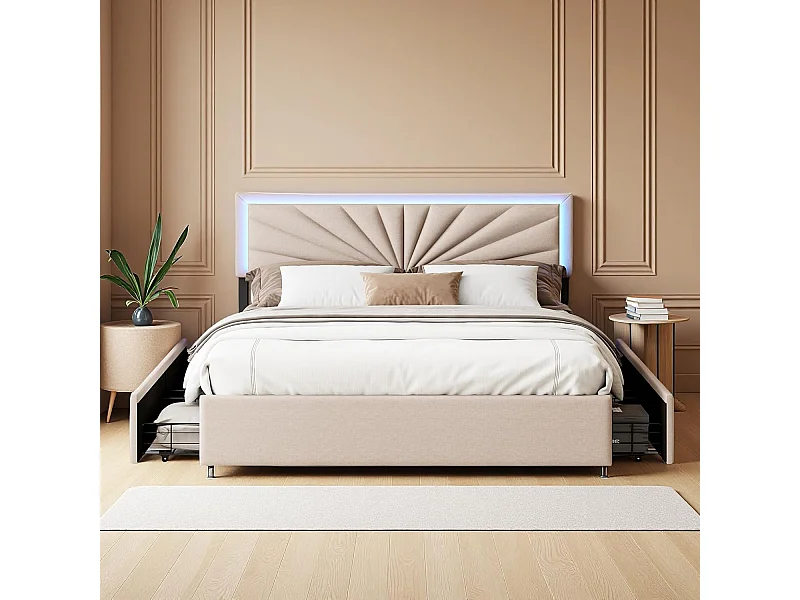 Lit Double 160x200cm Capitonné avec Sommier, 4 Tiroirs de Rangement, Tête de Lit Éclairage LED,Beige