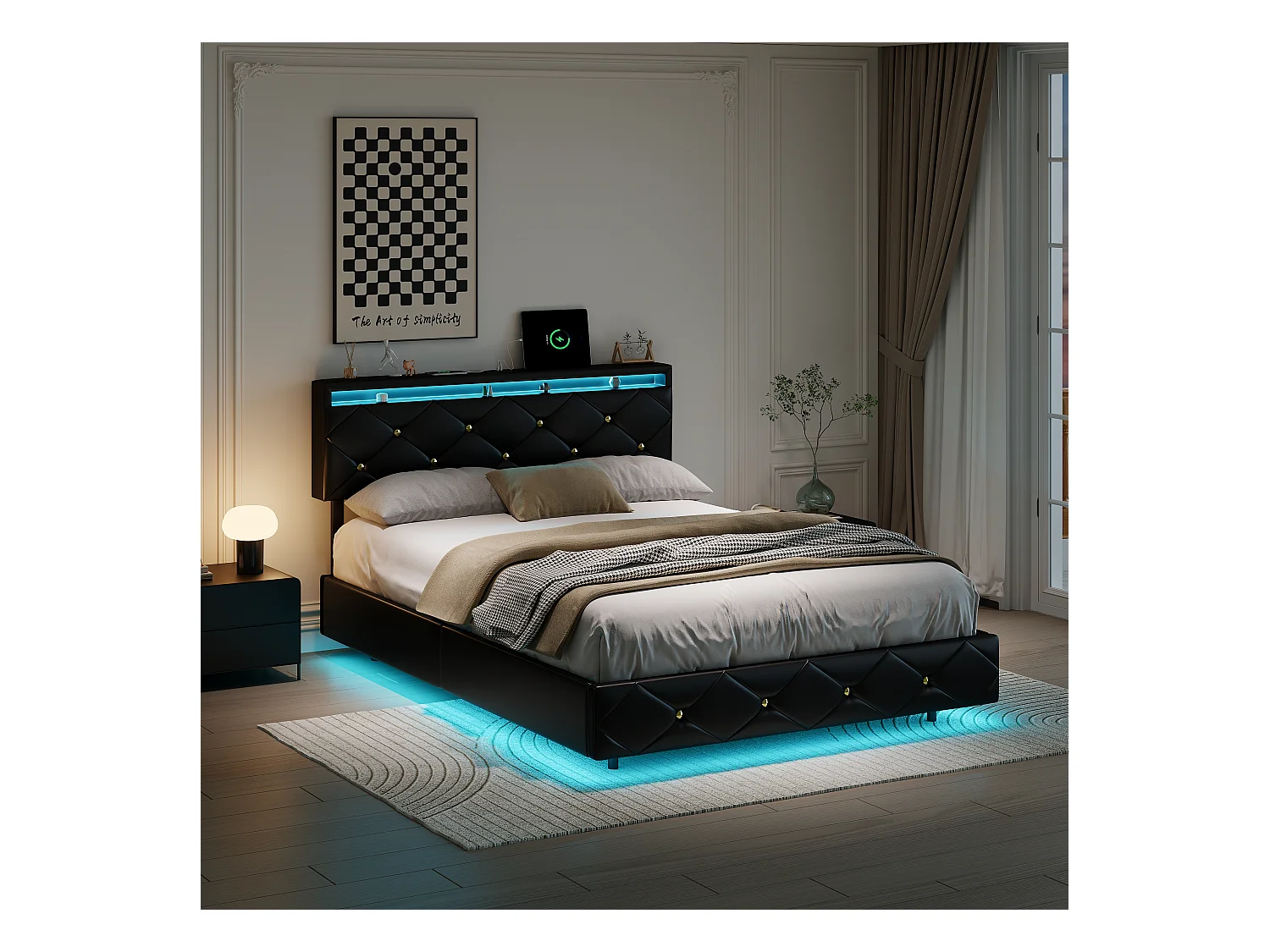 Letto 140x200 con LED e USB, struttura letto matrimoniale sospesa con doghe in legno, PU, nero