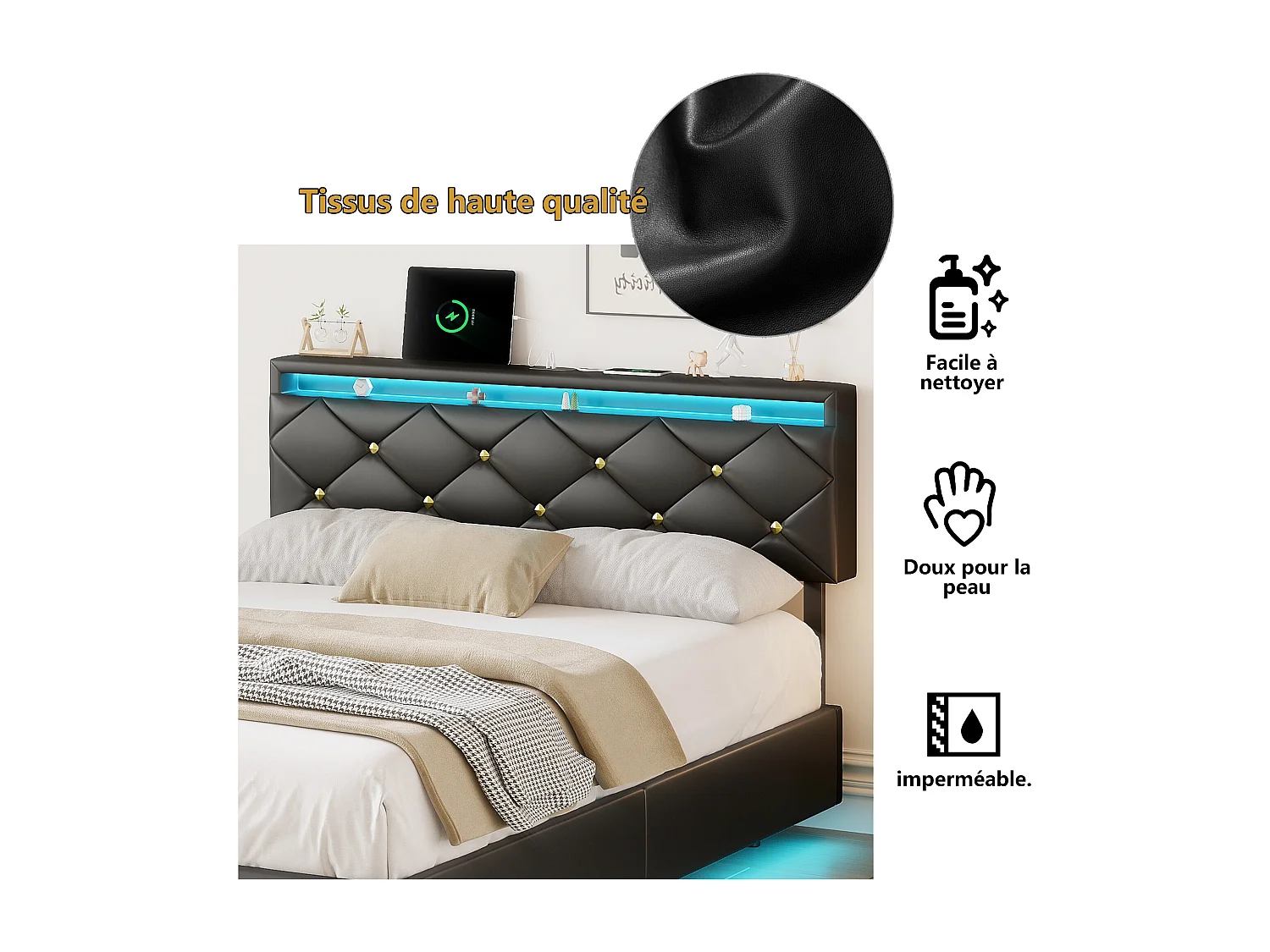 Lit 140x200 avec LED et USB, Lit2 Personnes Flottant Cadre de Lits avec Lattes en Bois, PU, Noir