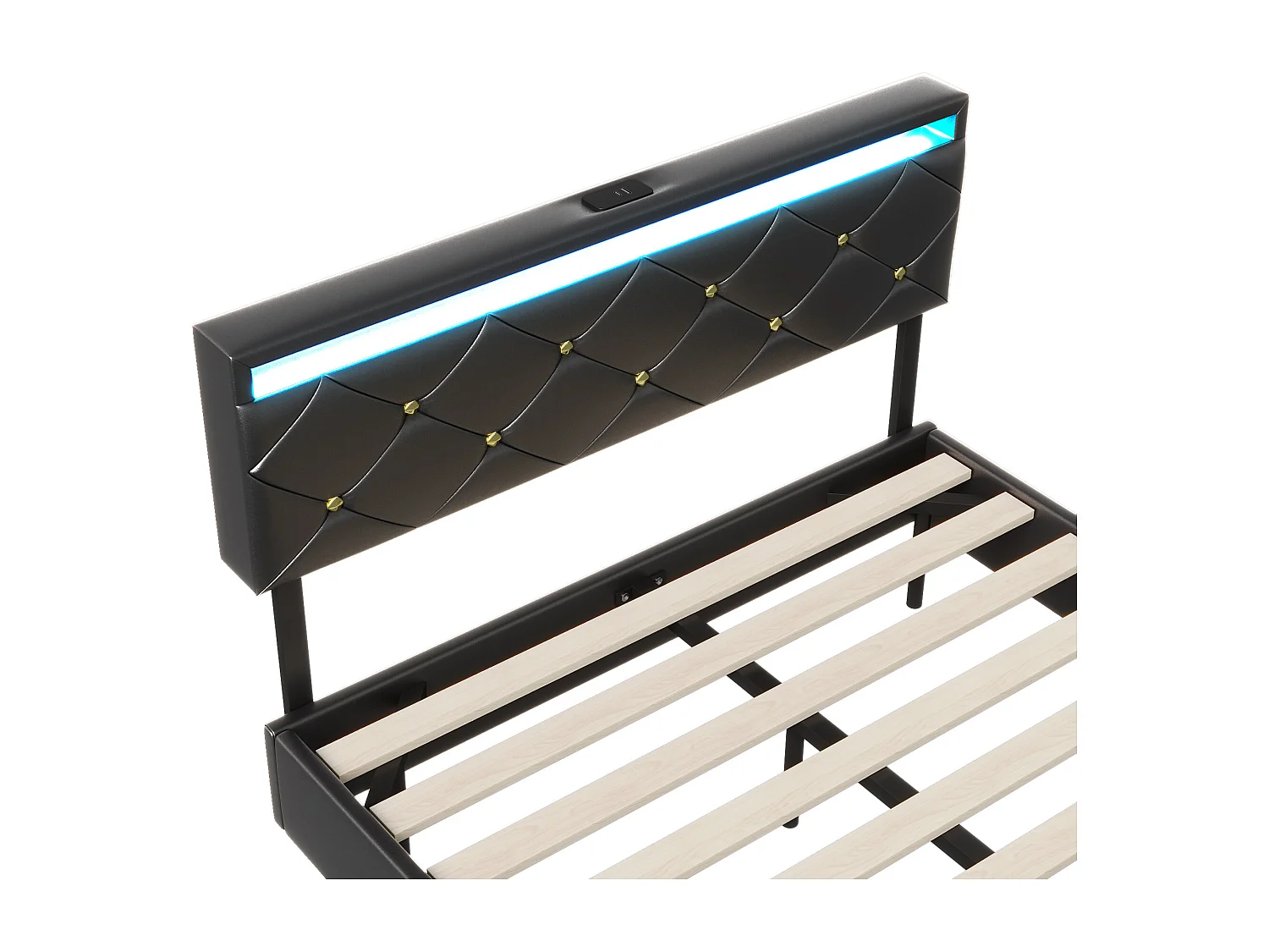 Lit 140x200 avec LED et USB, Lit2 Personnes Flottant Cadre de Lits avec Lattes en Bois, PU, Noir