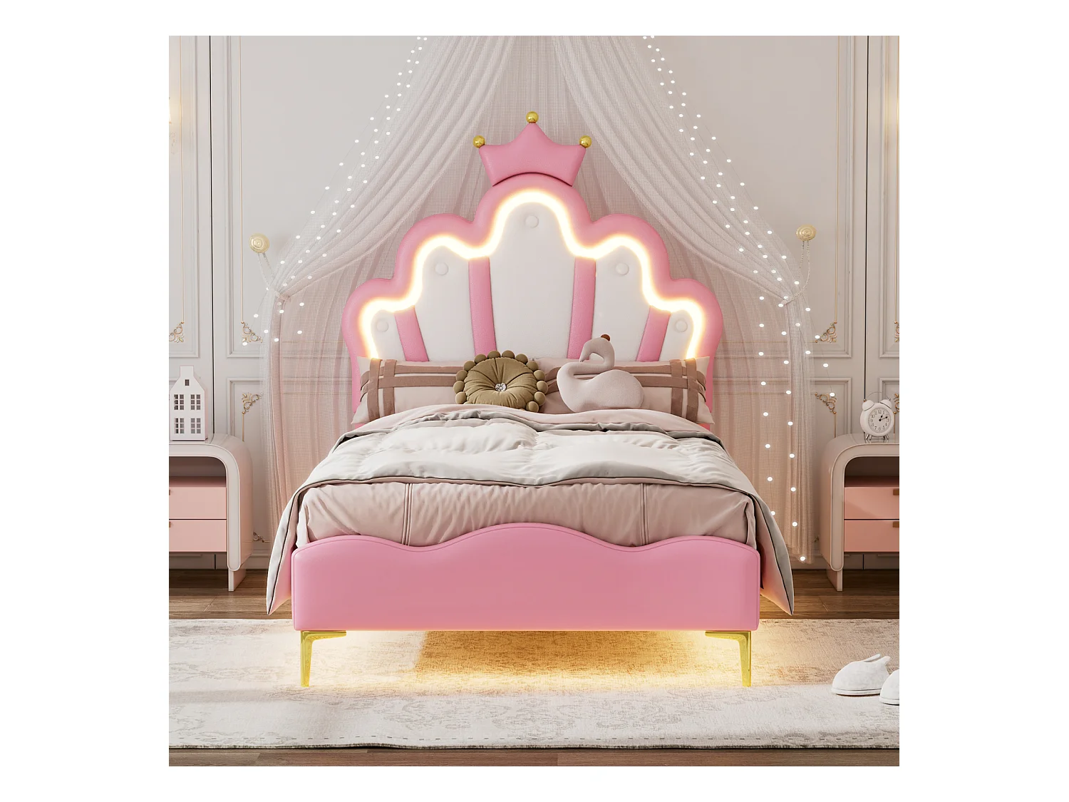 Cama infantil estofada 90 x 200 cm com LED, cama princesa, poliuretano, rosa
