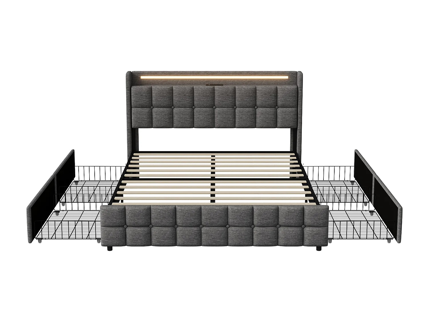 Letto per adulti 160x200 cm, letto matrimoniale imbottito con 4 cassetti e illuminazione a LED, porta USB e testiera, lino, grigio