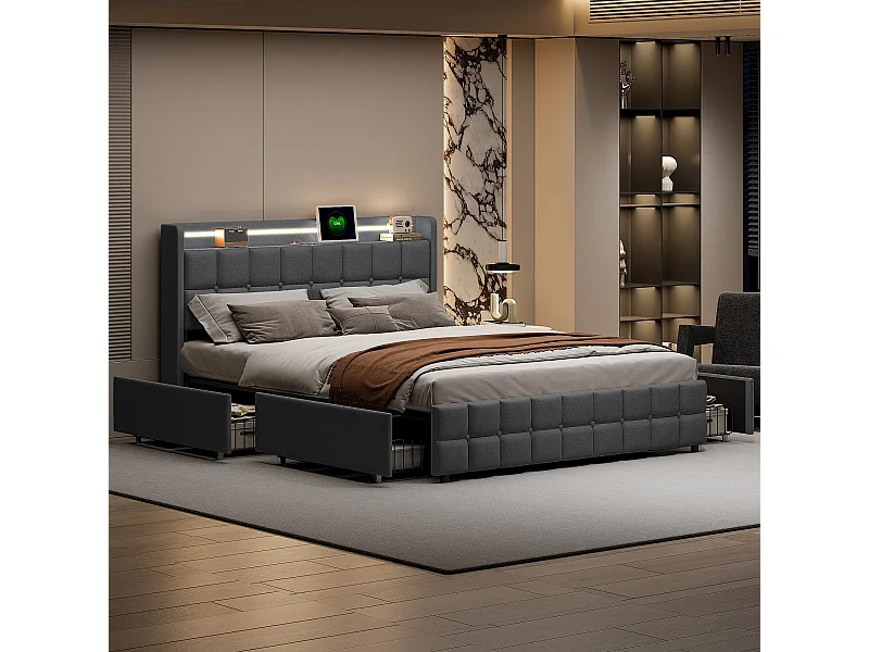 Volwassenenbed 160x200 cm, gestoffeerd tweepersoonsbed met 4 lades en ledverlichting, USB-poort en hoofdbord, linnen, grijs