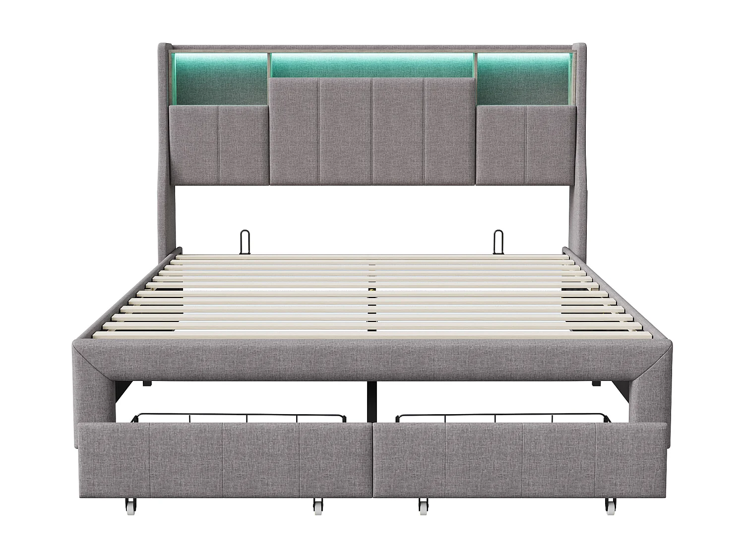 Cama doble tapizada, 140 x 200 cm, LED, con espacio de almacenaje, con somier de láminas, Gris