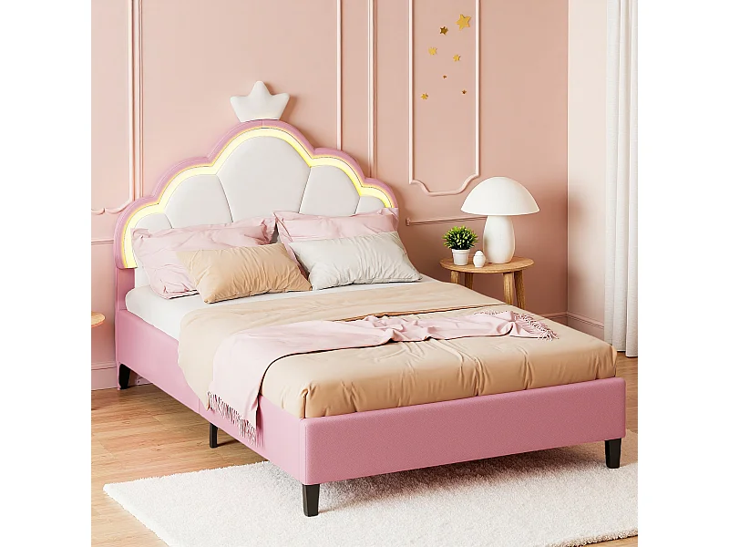 Gestoffeerd bed 140 x 200 cm, prinsessenbed met verstelbaar LED-hoofdbord en lattenbodem, roze