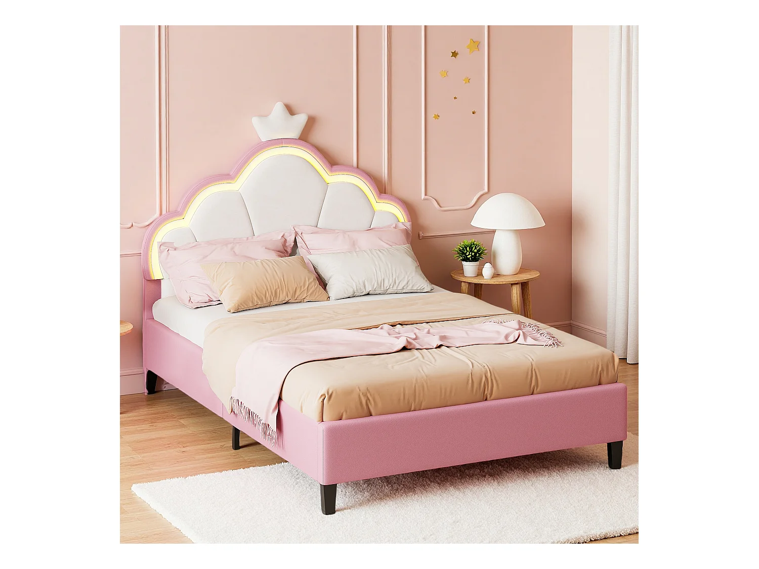 Gestoffeerd bed 140 x 200 cm, prinsessenbed met verstelbaar LED-hoofdbord en lattenbodem, roze