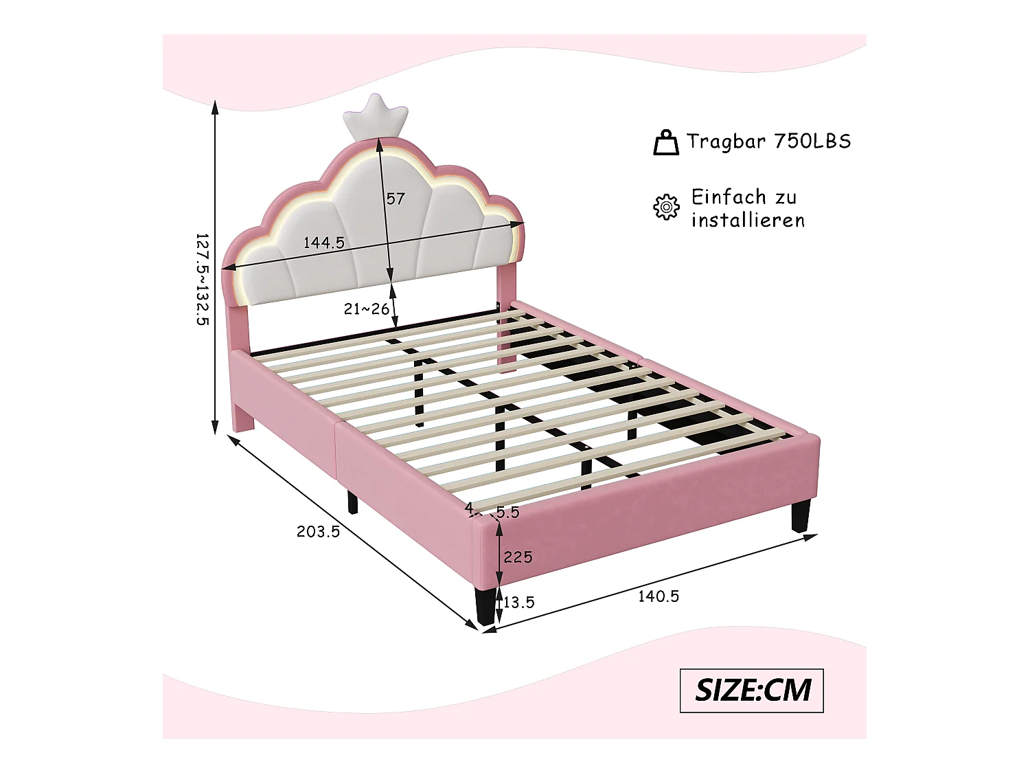 Gestoffeerd bed 140 x 200 cm, prinsessenbed met verstelbaar LED-hoofdbord en lattenbodem, roze