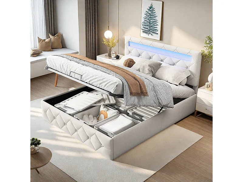 Cama de casal 140x200 cm com base LED e USB, cama com arrumação e base de ripas, bege