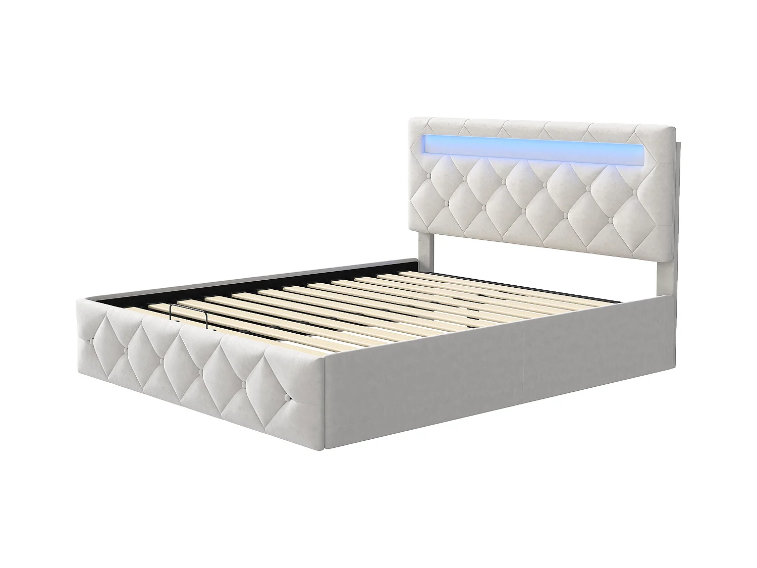 Cama de casal 140x200 cm com base LED e USB, cama com arrumação e base de ripas, bege