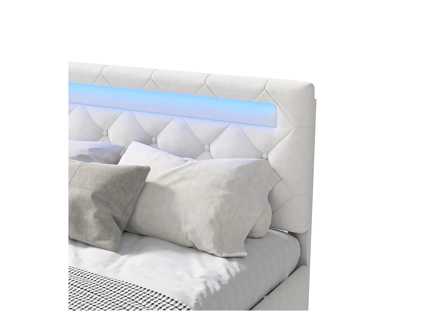 Cama de casal 140x200 cm com base LED e USB, cama com arrumação e base de ripas, bege
