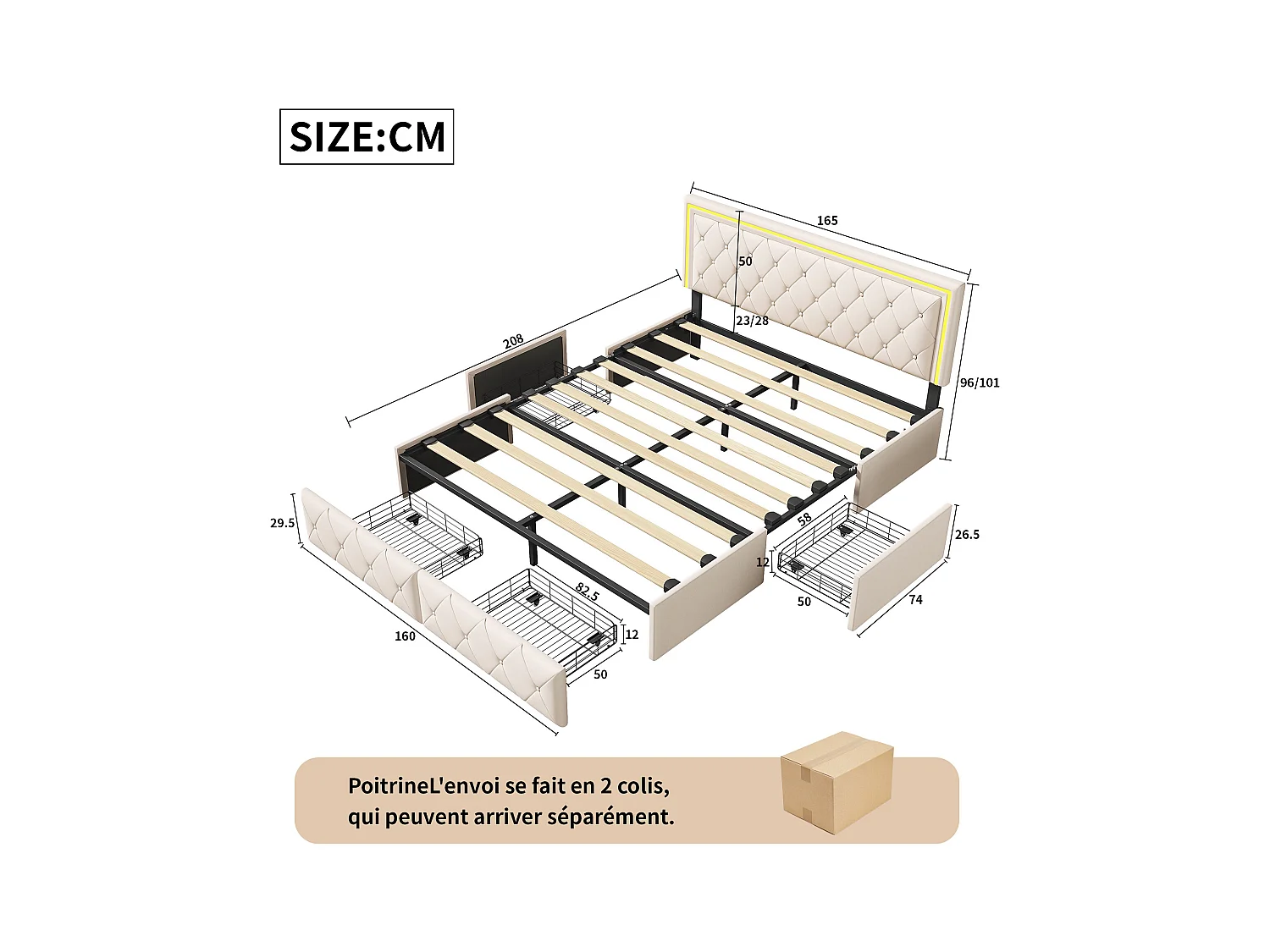 Cama Estofada 160x200cm com LED, com 4 Gavetas de Arrumação, com Estrado de Ripas, PU, Branco