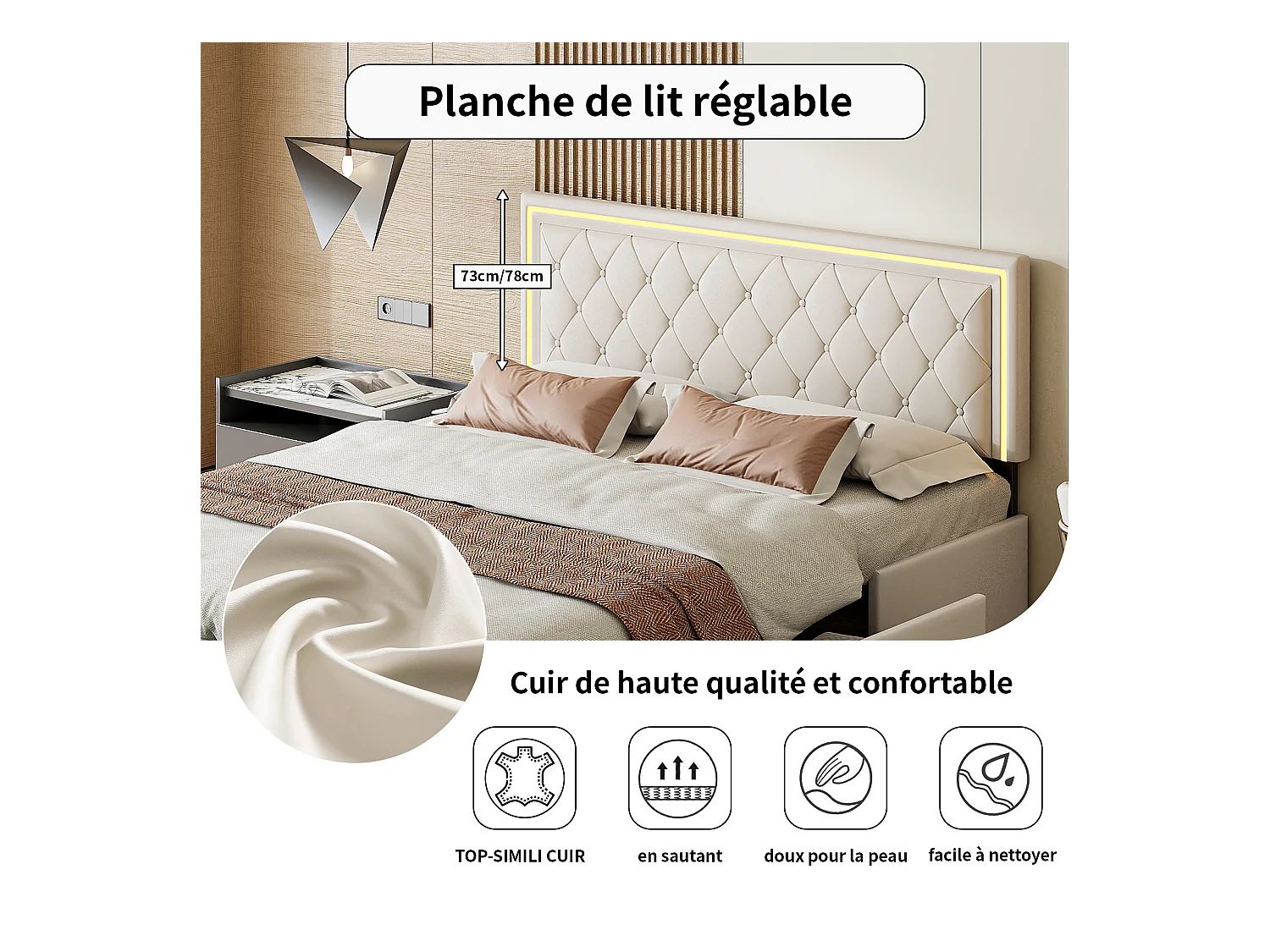 Cama Estofada 160x200cm com LED, com 4 Gavetas de Arrumação, com Estrado de Ripas, PU, Branco