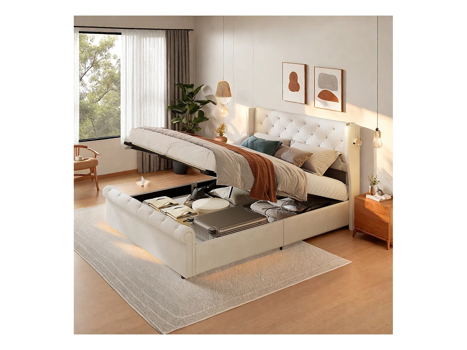 Cama de casal 160 x 200 cm, com candeeiros de leitura, Cama com arrumação, Estrado de ripas, Veludo, bege