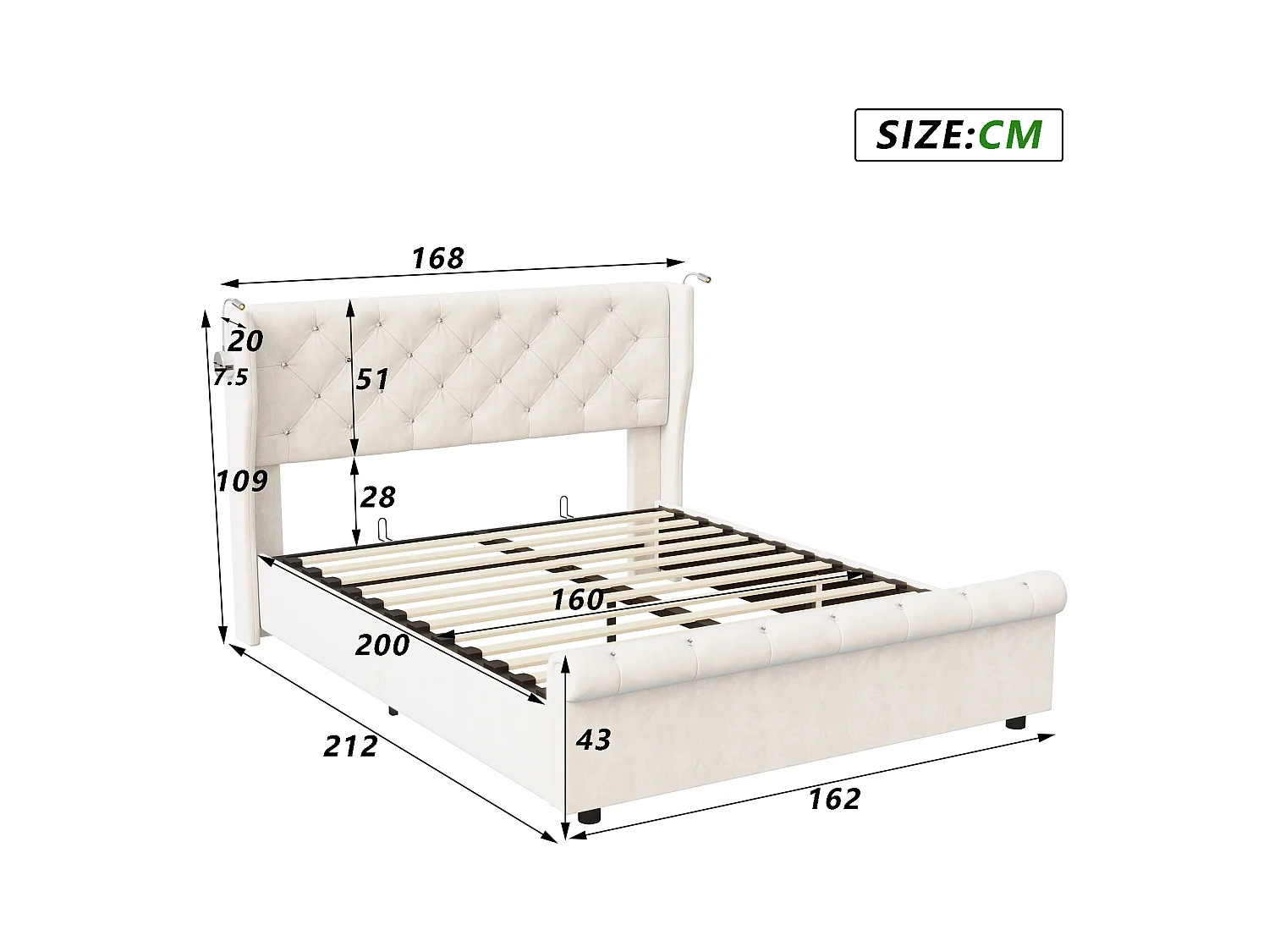 Cama de casal 160 x 200 cm, com candeeiros de leitura, Cama com arrumação, Estrado de ripas, Veludo, bege