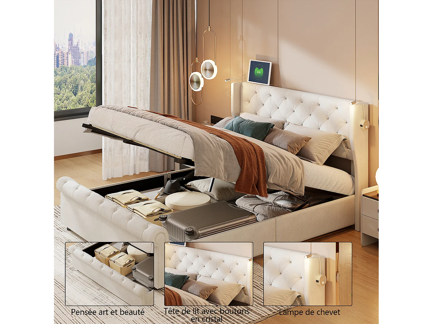 Cama de casal 160 x 200 cm, com candeeiros de leitura, Cama com arrumação, Estrado de ripas, Veludo, bege