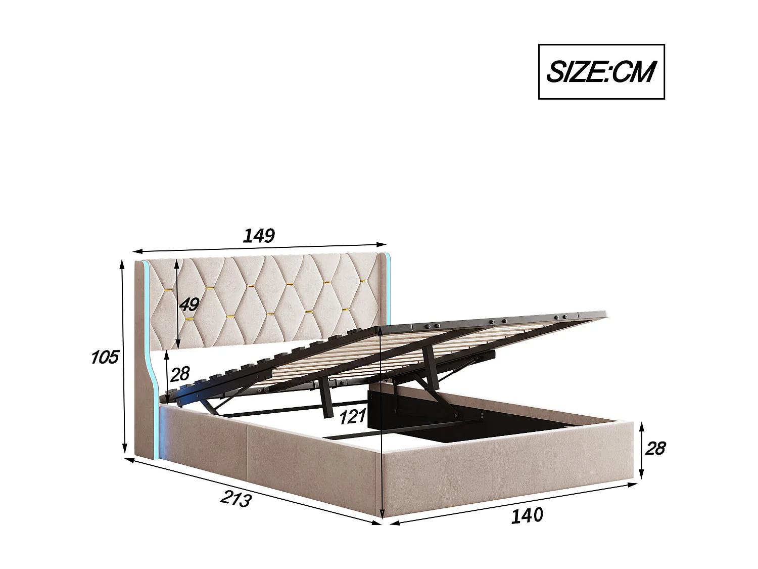 Cama con canapé 140x200 cm con base, con LED, somier de láminas, Terciopelo, Beige