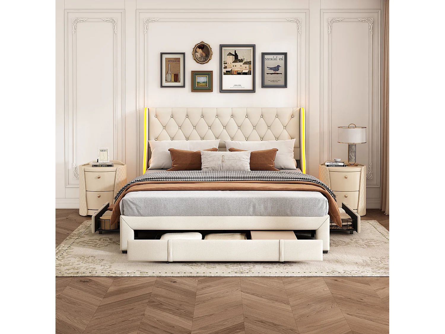 Cama tapizada, 160x200 cm, cama de matrimonio con 3 grandes cajones, cabecero con LED, terciopelo, beige