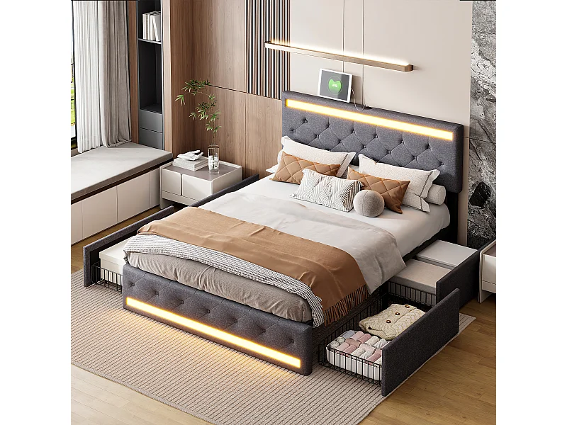 Lit 140x190 Sommier LED et USB, Lit Double en Lin avec Tête et Pied LED, 4 Tiroirs en Métal, Gris