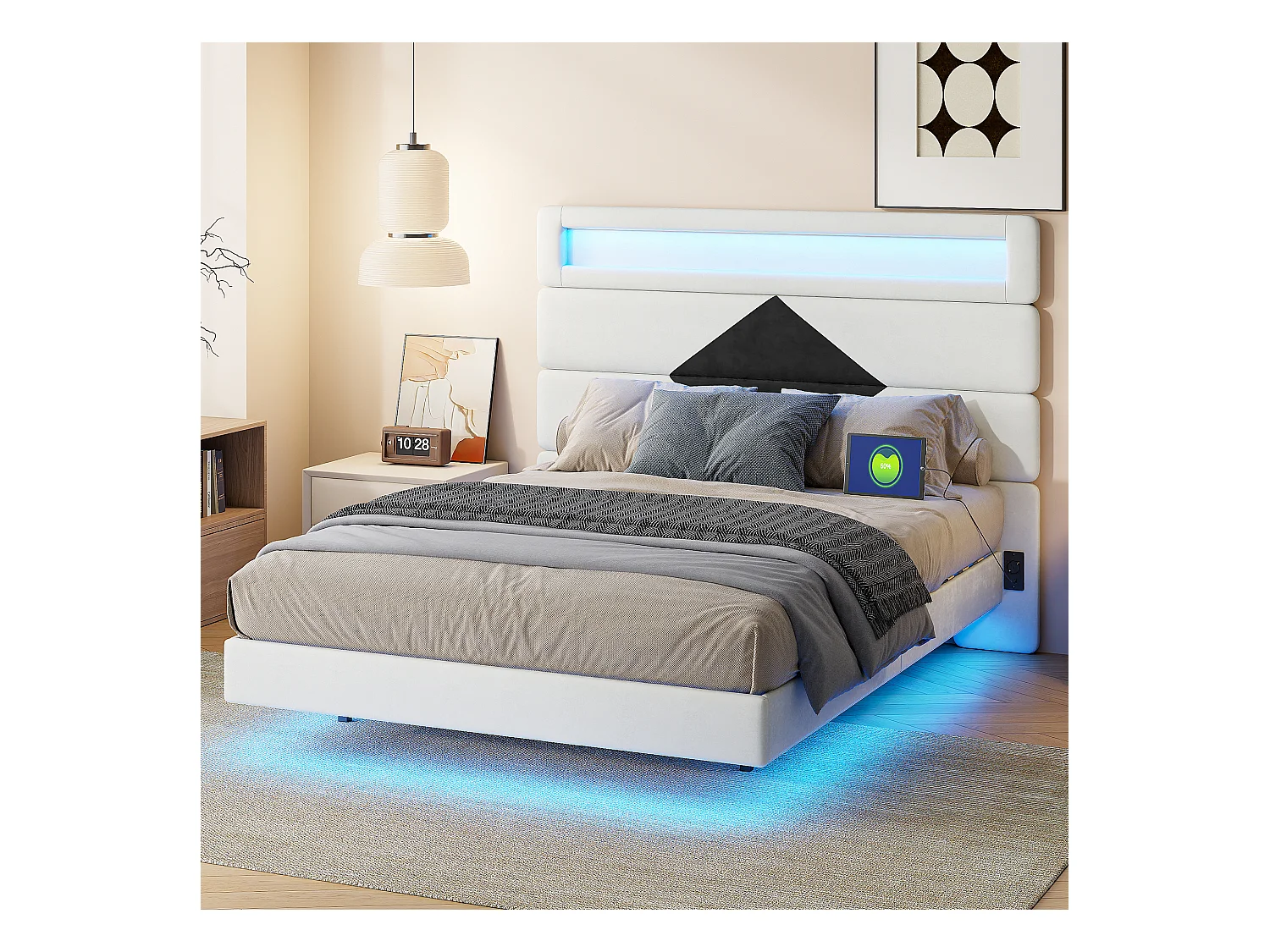 Cama de casal estofada 140x190 cm, camas de casal com LED e USB, com estrado de ripas, branca