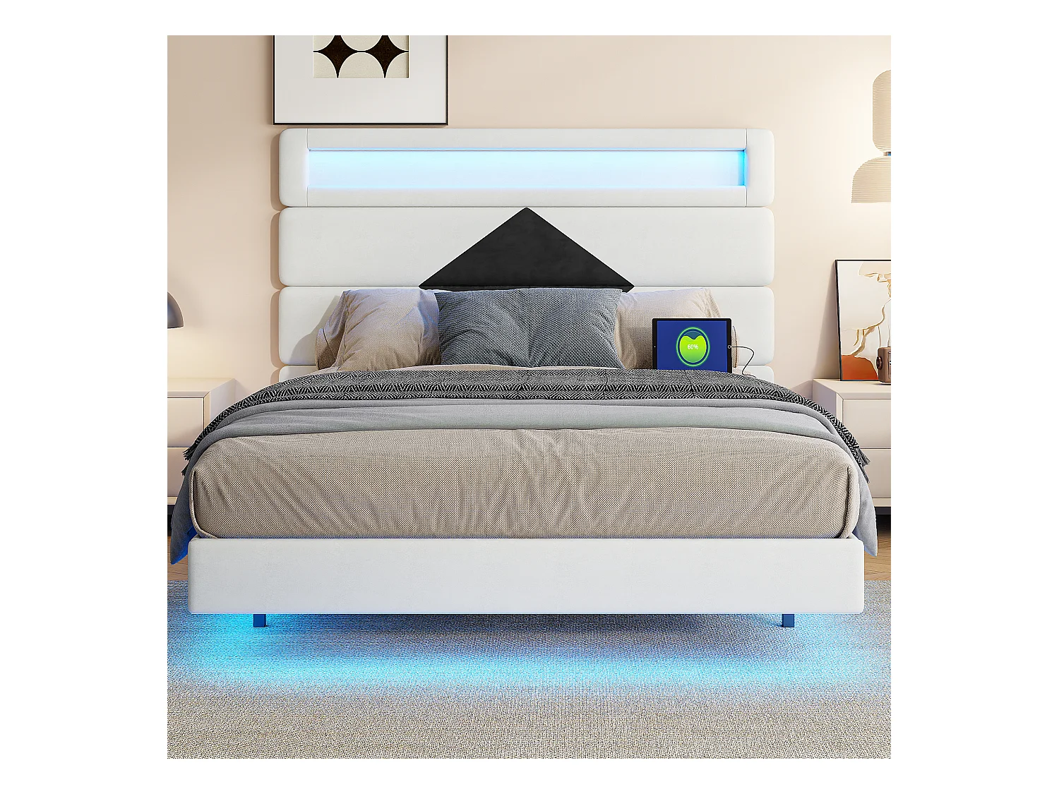Cama de casal estofada 140x190 cm, camas de casal com LED e USB, com estrado de ripas, branca