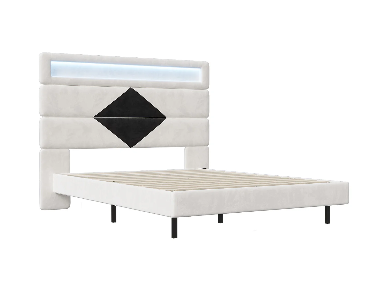 Cama de casal estofada 140x190 cm, camas de casal com LED e USB, com estrado de ripas, branca