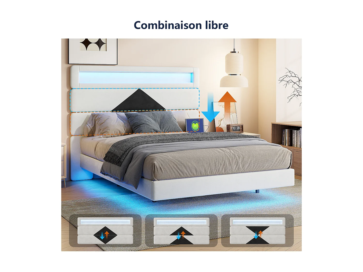 Cama de casal estofada 140x190 cm, camas de casal com LED e USB, com estrado de ripas, branca