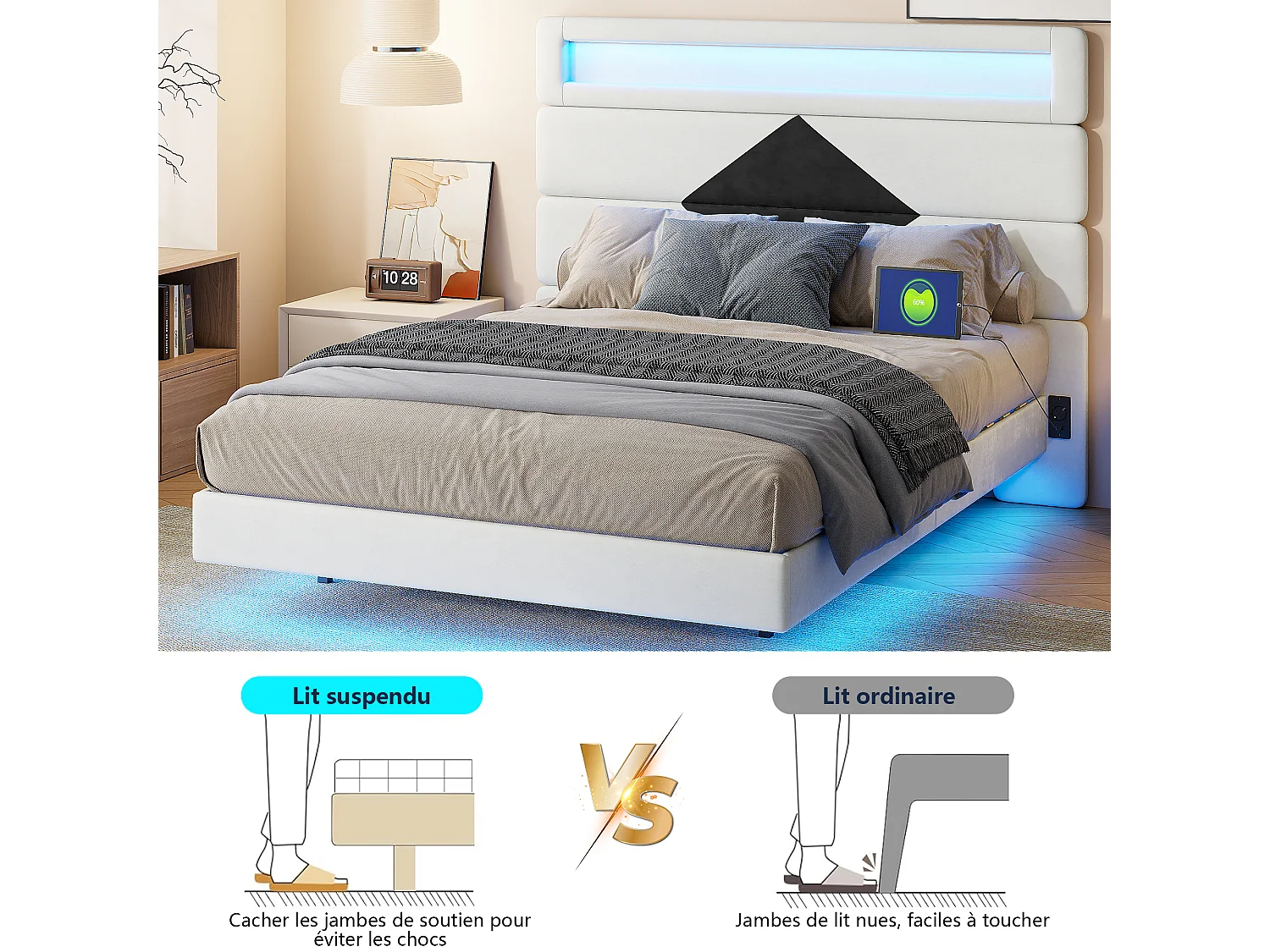 Cama de casal estofada 140x190 cm, camas de casal com LED e USB, com estrado de ripas, branca