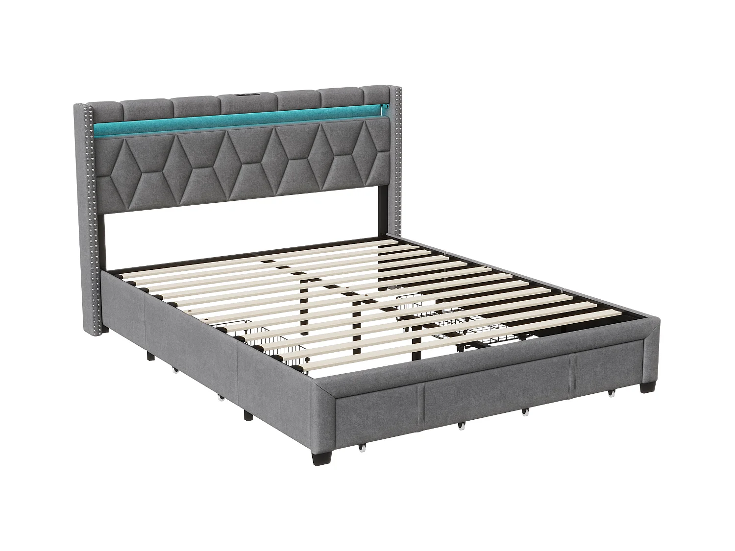 Cama 140x200 con cajones, Cama tapizada con LED y USB Estructura de cama doble Cama adulto, Gris