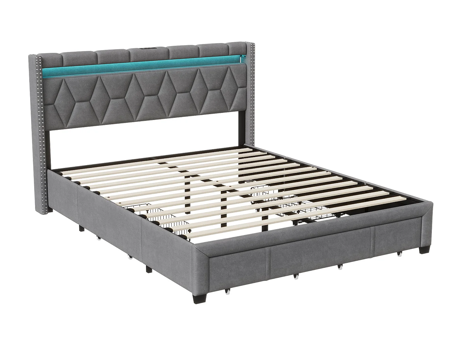 Letto 140 x 200 con cassetti, Letto imbottito con LED e USB Struttura letto matrimoniale Letto per adulti, Grigio