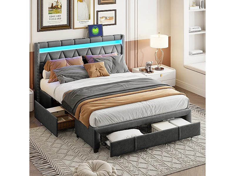Cama 140x200 con cajones, Cama tapizada con LED y USB Estructura de cama doble Cama adulto, Gris
