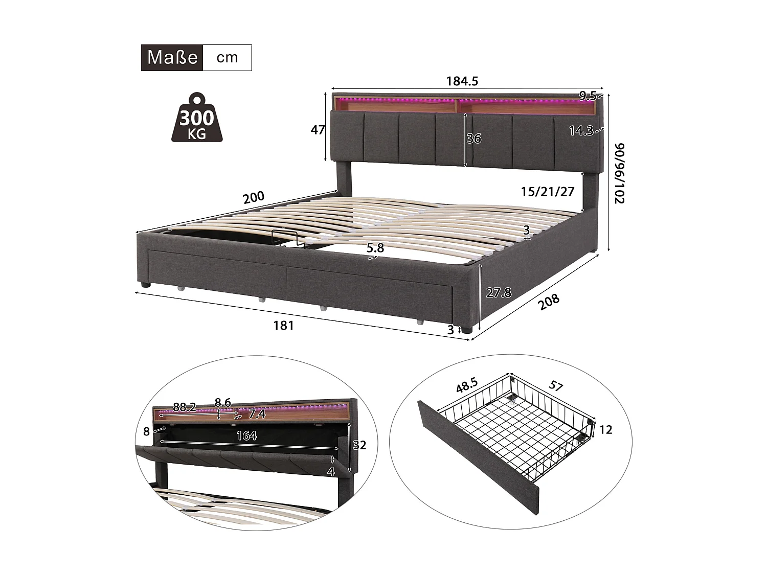 Letto imbottito, 180 x 200 cm, illuminazione a LED, cassetti e ampio spazio di archiviazione per la testiera, lino, grigio