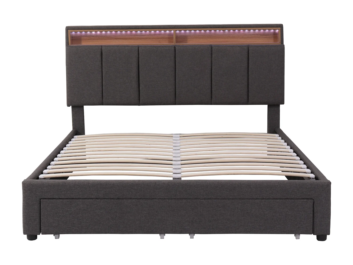Letto imbottito, 180 x 200 cm, illuminazione a LED, cassetti e ampio spazio di archiviazione per la testiera, lino, grigio