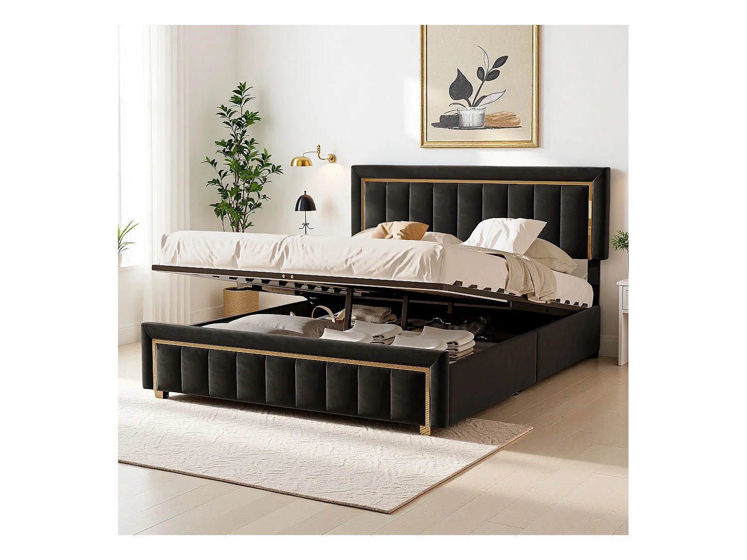 Cama de 140 x 200 cm con cabecero acolchado, camas dobles con somier, color negro