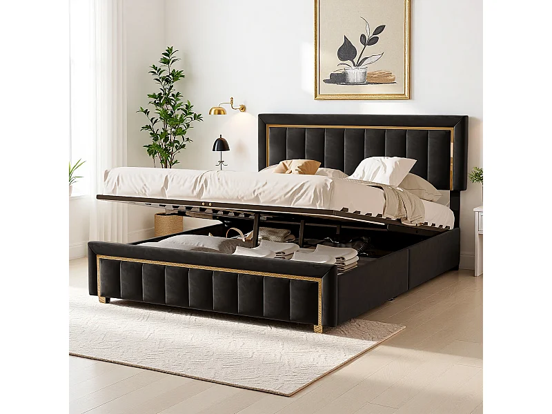 Lit Coffre 140x200 de Rangement avec Tête de Lit Matelassée, Lits Double avec sommier à Lattes, Noir