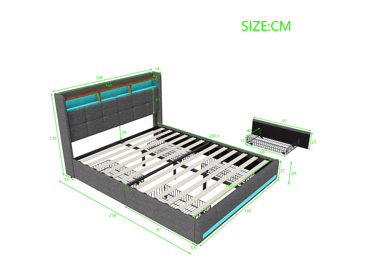 Cama doble 160x200 cm con base, LED y USB, 4 cajones y cabecero con almacenaje, lino, gris