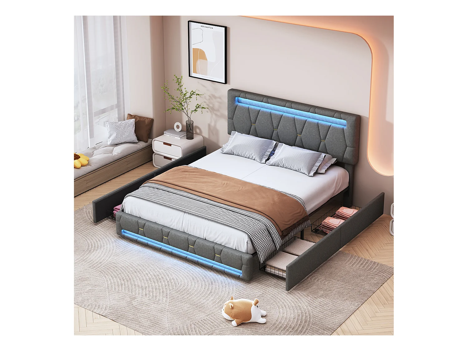 Cama doble tapizada 140 x 200 cm, LED, con somier, almacenaje, Gris