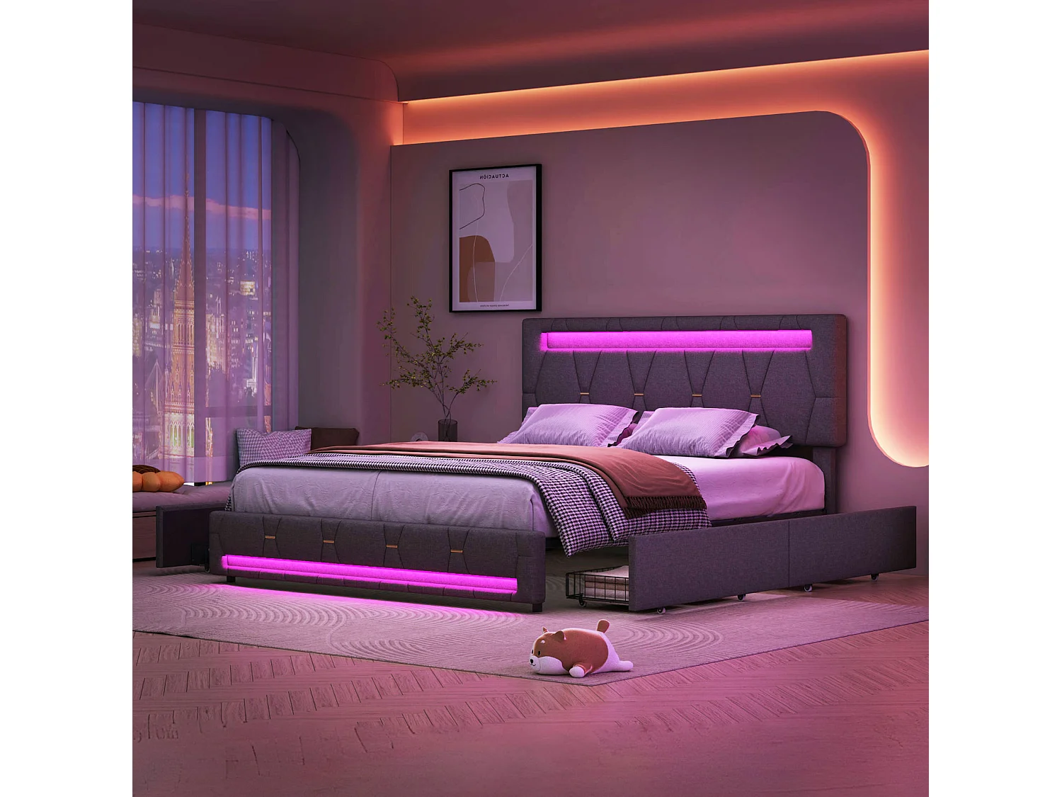 Gestoffeerd tweepersoonsbed 140 x 200 cm, LED, met lattenbodem, opbergruimte, Grijs