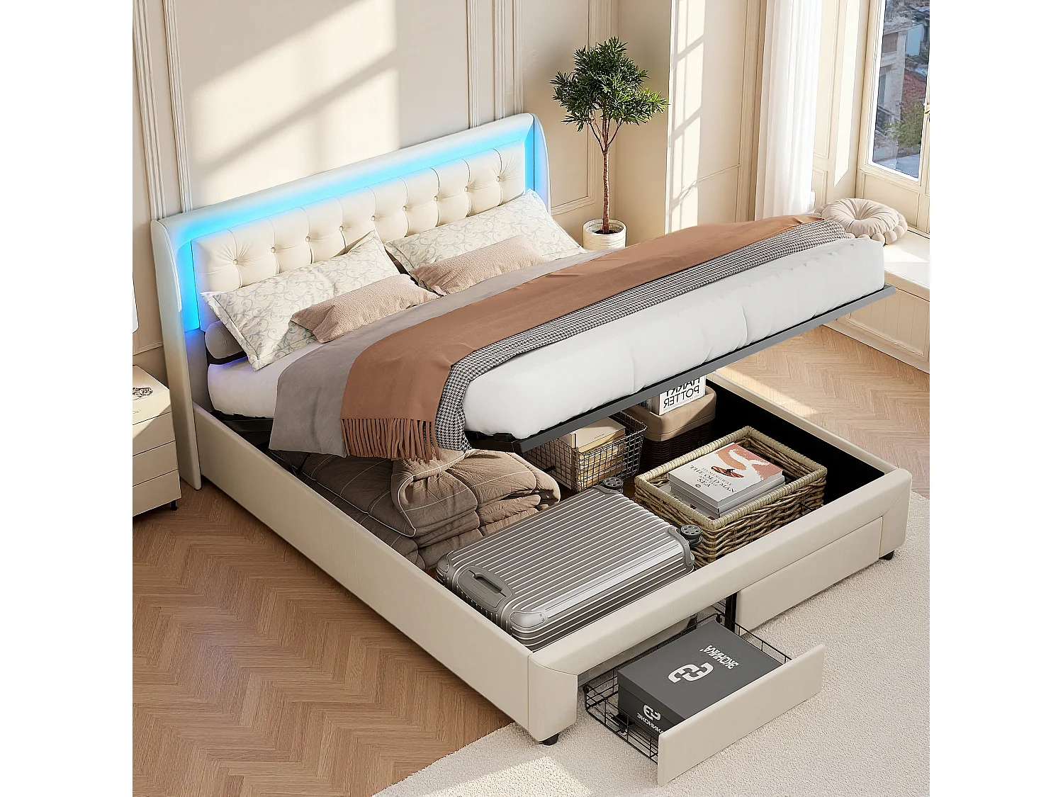 Cama con canapé 160 x 190 cm - Terciopelo beige - 2 cajones - Luces LED regulables - Respaldo suave