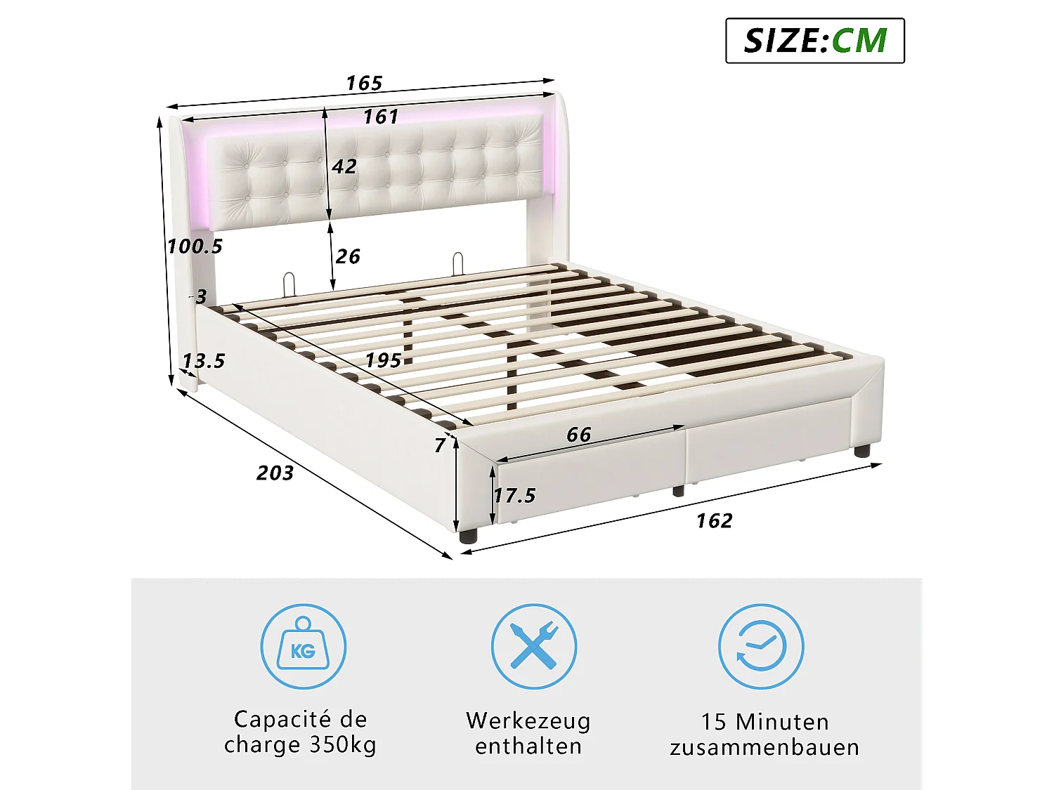 Cama con canapé 160 x 190 cm - Terciopelo beige - 2 cajones - Luces LED regulables - Respaldo suave