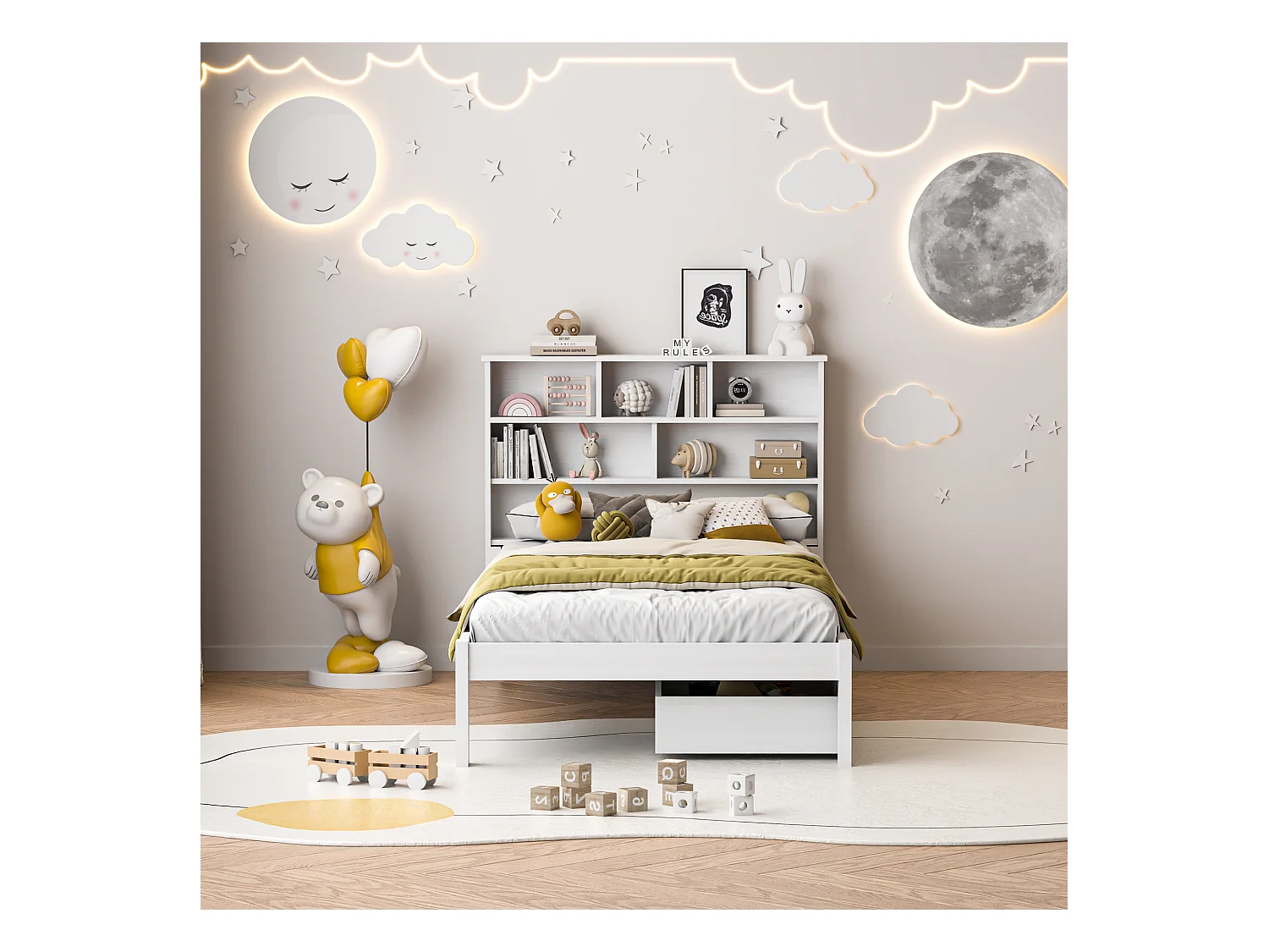 Cama 90x200 cm con base, Cama individual con 2 cajones, Cabecero con almacenaje, Color blanco